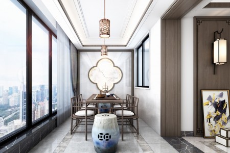 李女士新中式風格入戶陽臺、主臥效果圖